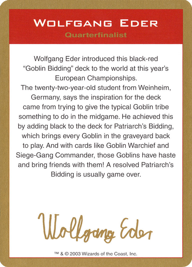 Wolfgang Eder Bio [World Championship Decks 2003] | Rock City Comics