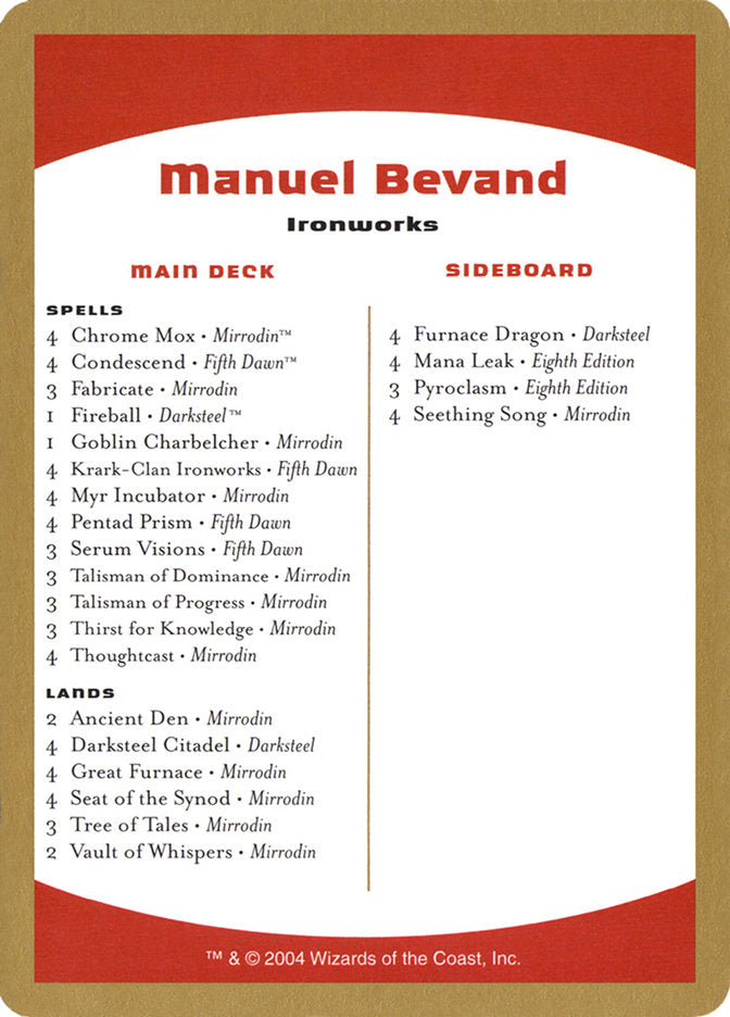 Manuel Bevand Decklist [World Championship Decks 2004] | Rock City Comics