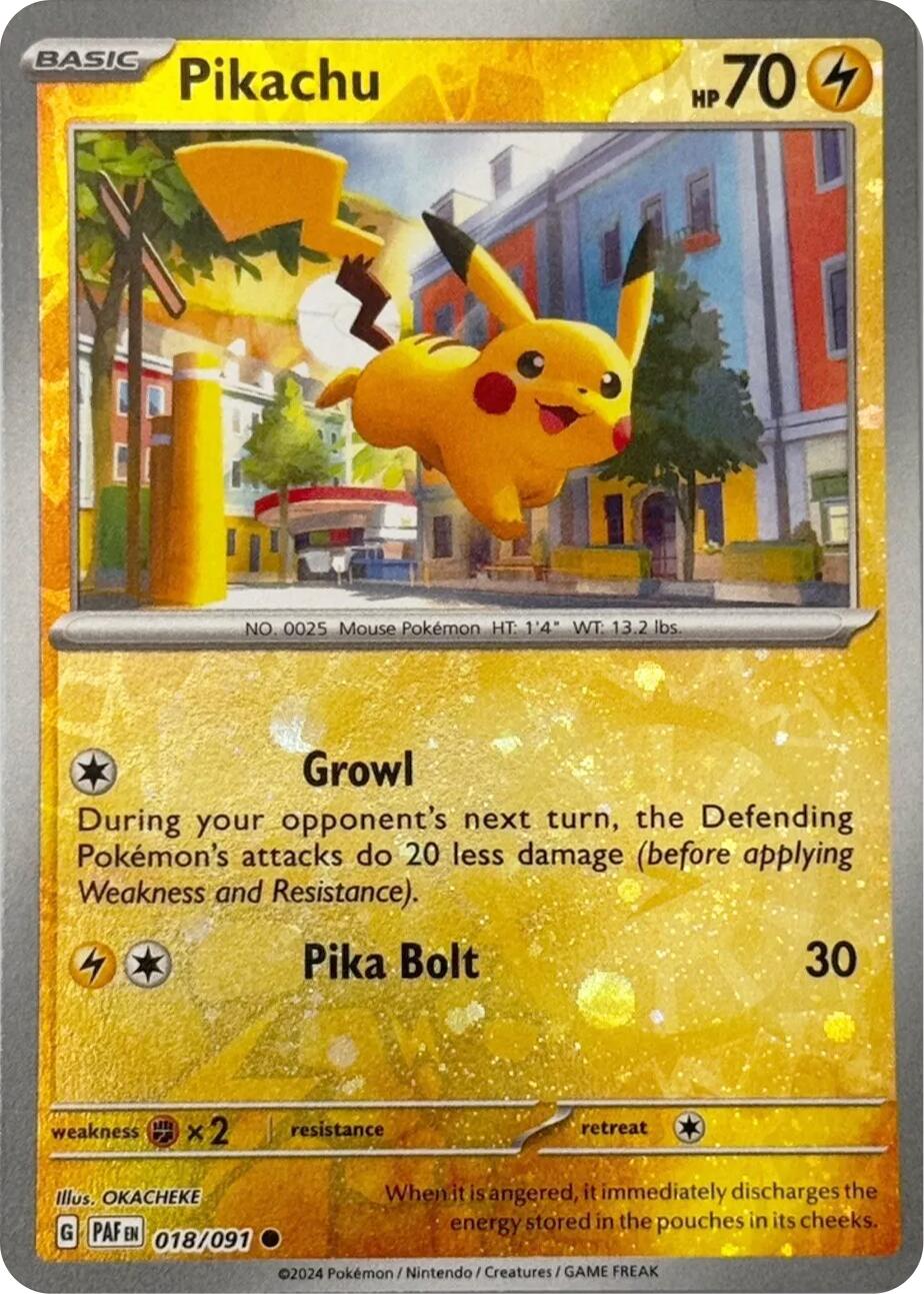 Pikachu (018/091) (Reverse Cosmos Holo) [Scarlet & Violet: Paldean Fates] | Rock City Comics