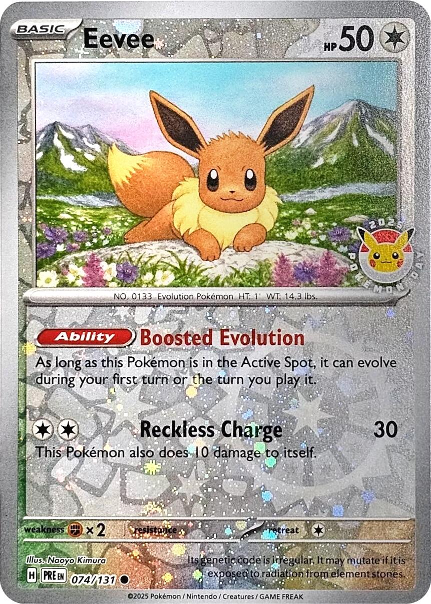 Eevee (074/131) (Pokemon Day 2025) (Reverse Cosmos Holo) [Scarlet & Violet: Prismatic Evolutions] | Rock City Comics