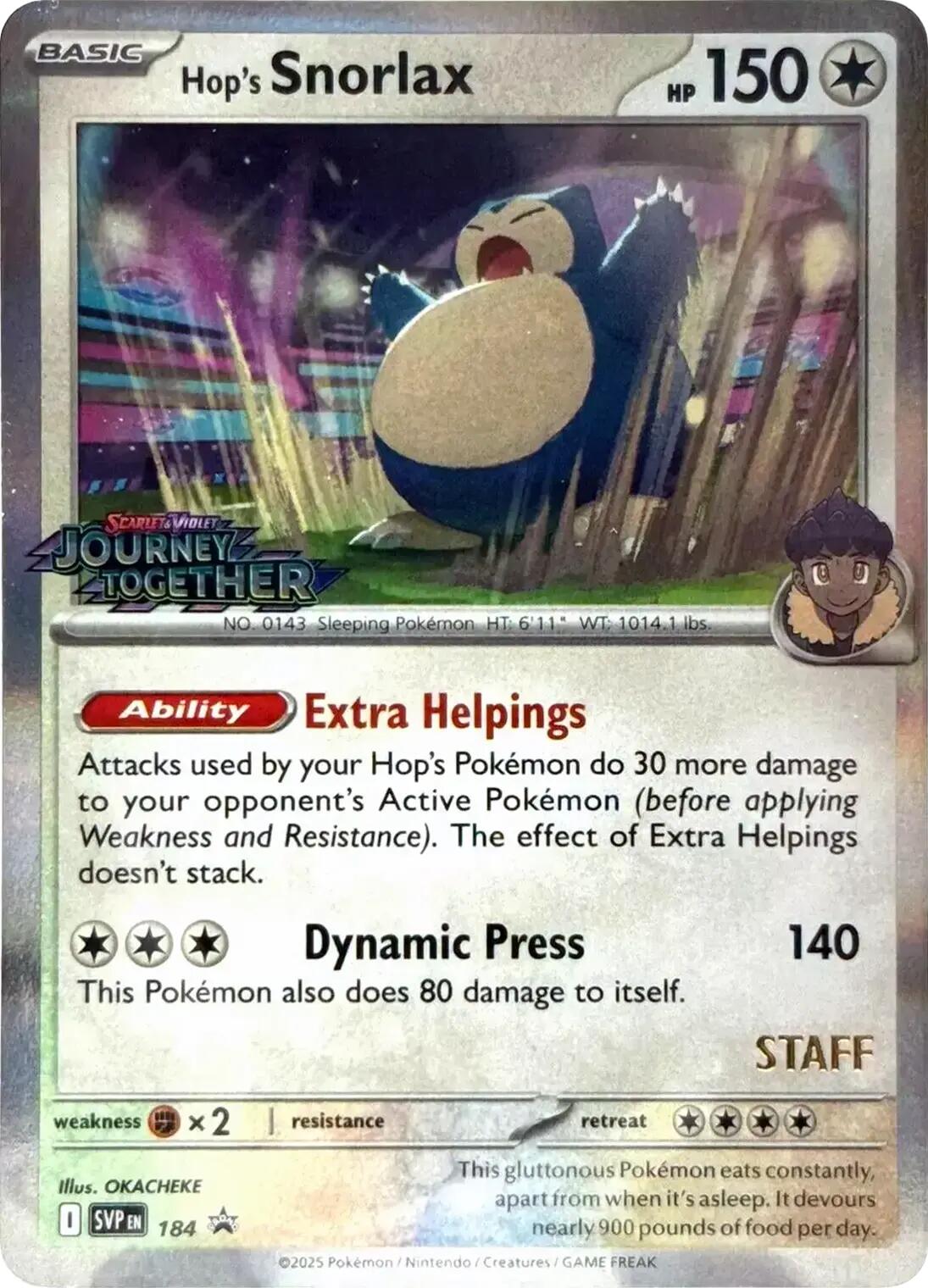 Hop's Snorlax (184) (Prerelease Staff) [Scarlet & Violet: Black Star Promos] | Rock City Comics