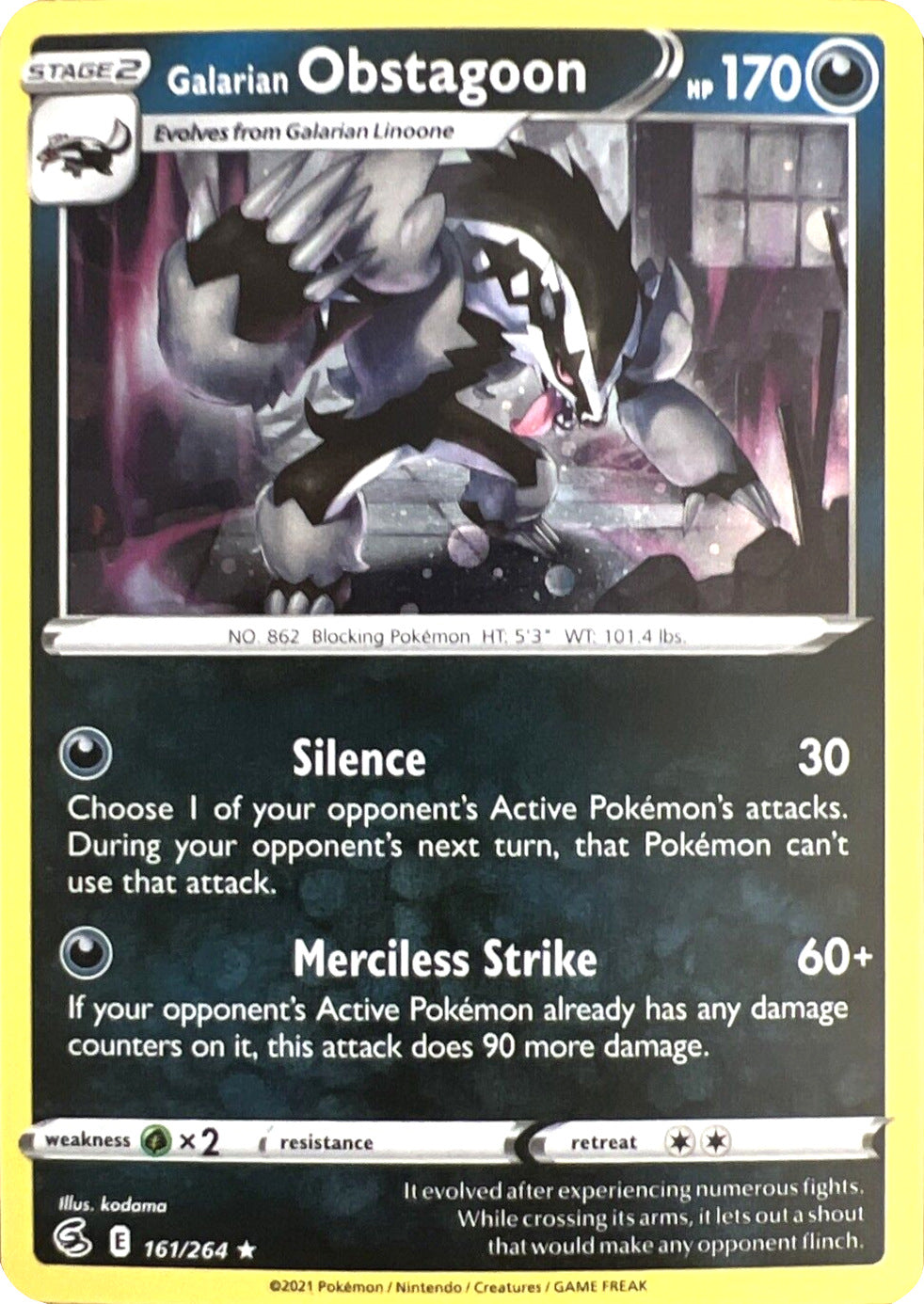 Galarian Obstagoon (161/264) (Cosmos Holo) [Sword & Shield: Fusion Strike] | Rock City Comics