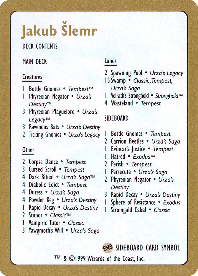 Jakub Slemr Decklist [World Championship Decks 1999] | Rock City Comics