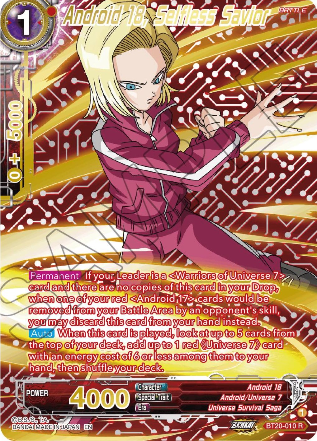 Android 18, Selfless Savior (Gold-Stamped) (BT20-010) [Power Absorbed] | Rock City Comics