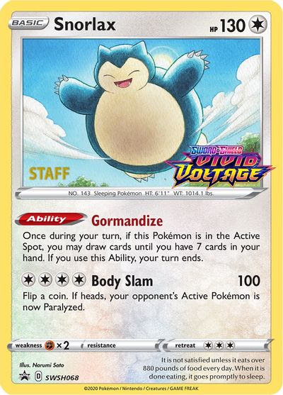 Snorlax (SWSH068) (Staff Prerelease Promo) [Sword & Shield: Black Star Promos] | Rock City Comics