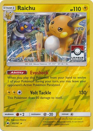 Raichu (41/147) (League Promo 2nd Place) [Sun & Moon: Burning Shadows] | Rock City Comics