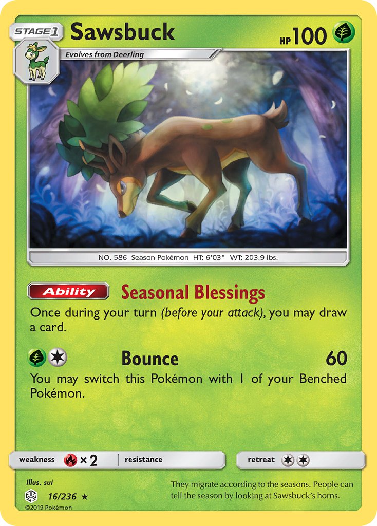 Sawsbuck (16/236) (Prerelease Kit Exclusive) (Theme Deck Exclusive) [Sun & Moon: Cosmic Eclipse] | Rock City Comics