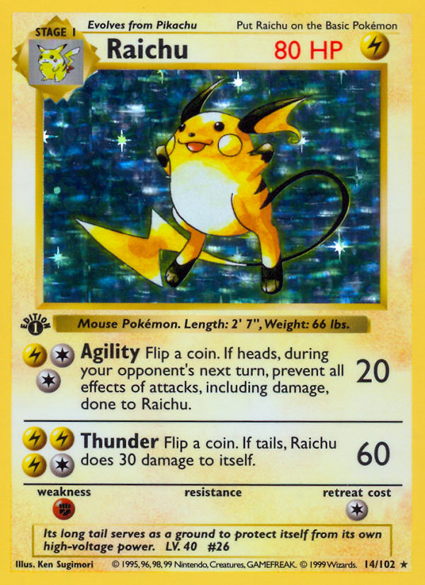 Raichu (14/102) (Shadowless) [Base Set 1st Edition] | Rock City Comics