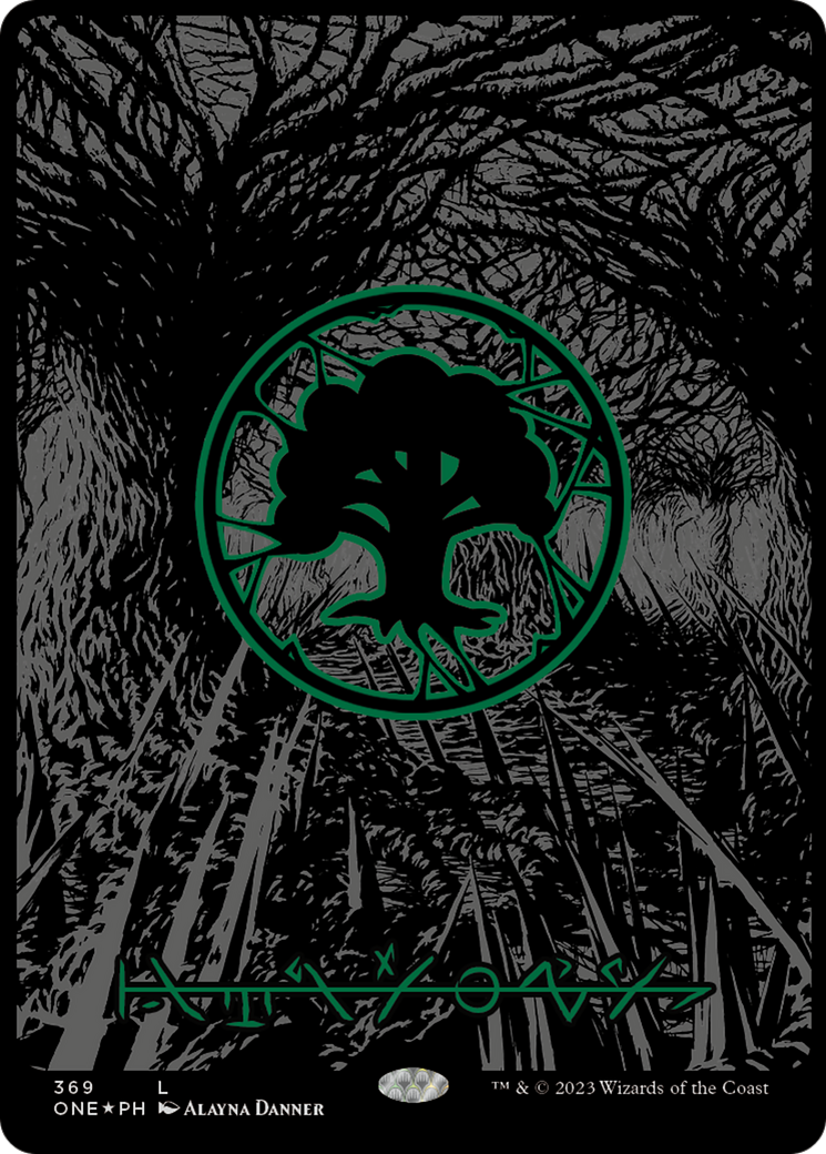 Forest (369) (Oil Slick Raised Foil) [Phyrexia: All Will Be One] | Rock City Comics