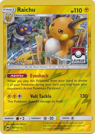 Raichu (41/147) (League Promo 1st Place) [Sun & Moon: Burning Shadows] | Rock City Comics