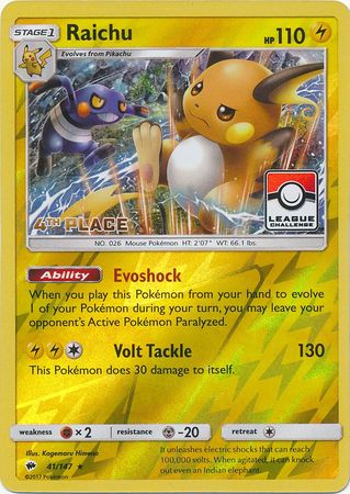 Raichu (41/147) (League Promo 4th Place) [Sun & Moon: Burning Shadows] | Rock City Comics