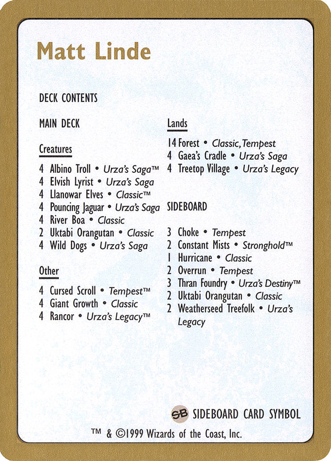 Matt Linde Decklist [World Championship Decks 1999] | Rock City Comics