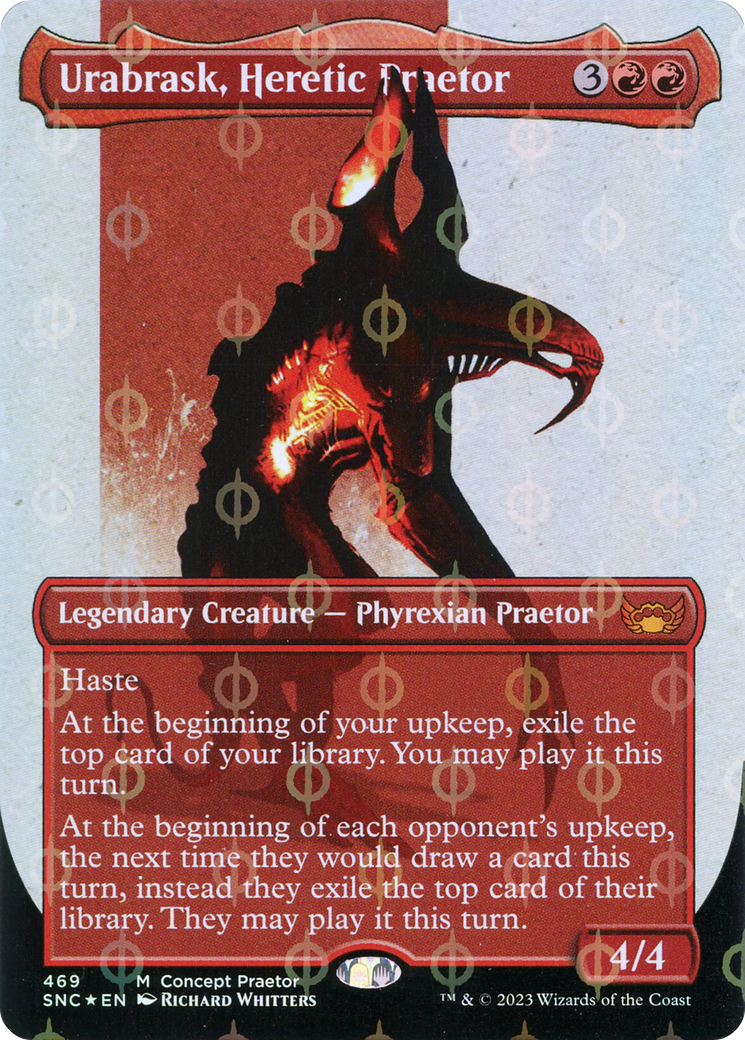 Urabrask, Heretic Praetor (Borderless Concept Praetors Step-and-Compleat Foil) [Phyrexia: All Will Be One] | Rock City Comics