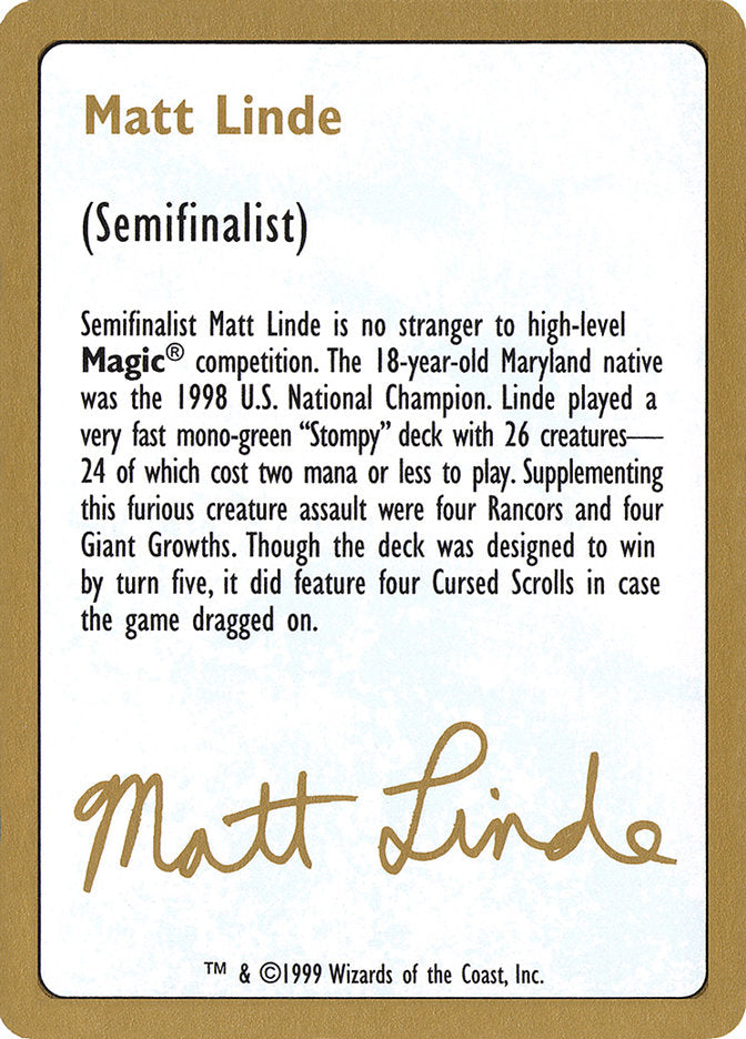 Matt Linde Bio [World Championship Decks 1999] | Rock City Comics