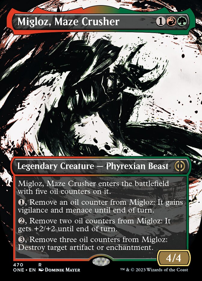 Migloz, Maze Crusher (Borderless Ichor Step-and-Compleat Foil) [Phyrexia: All Will Be One] | Rock City Comics